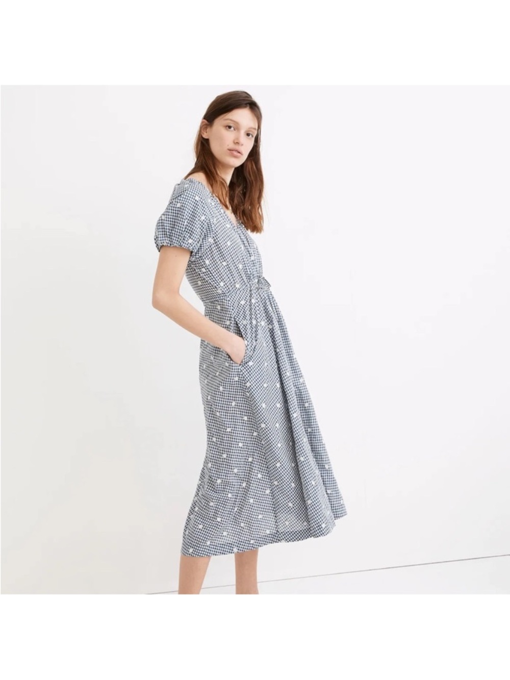 Madewell Embroidered Gingham Faux-Wrap Tie-Waist Midi Dress size large - Picture 3 of 7